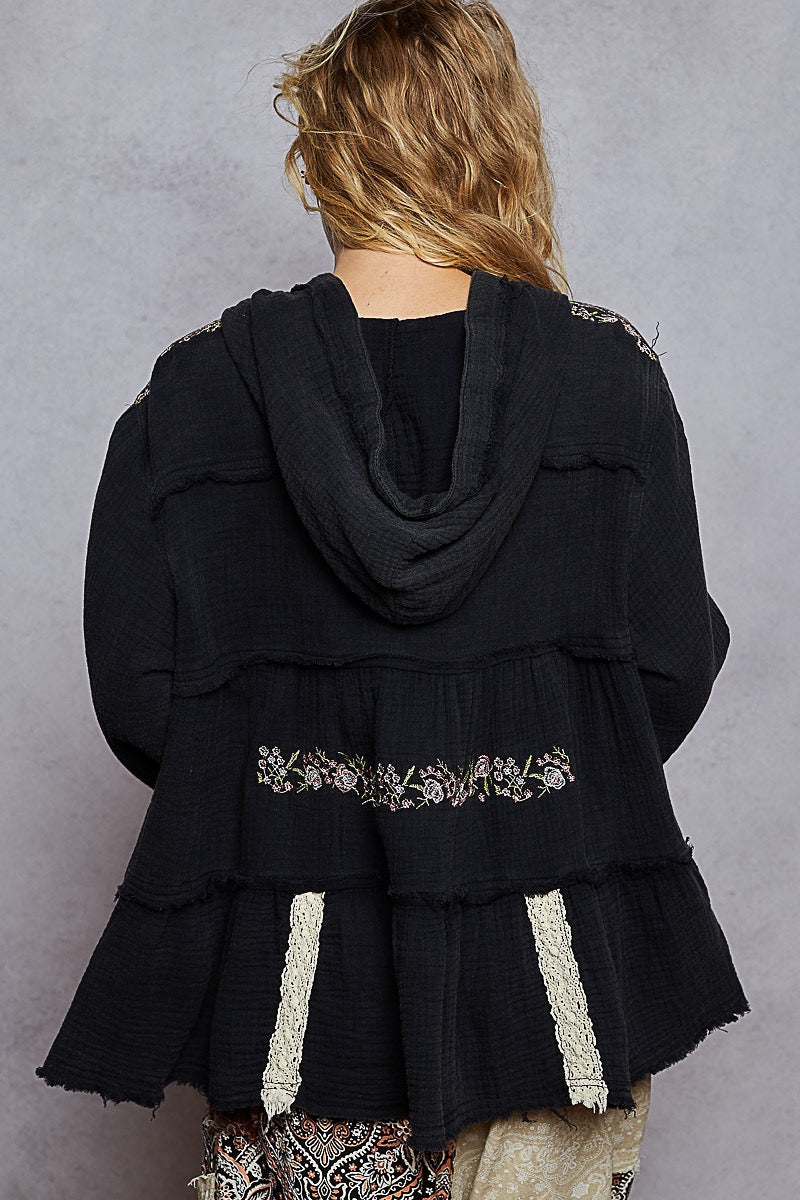 Wildwood Embroidered Cotton Gauze Hoodie | Black + Forrest Green