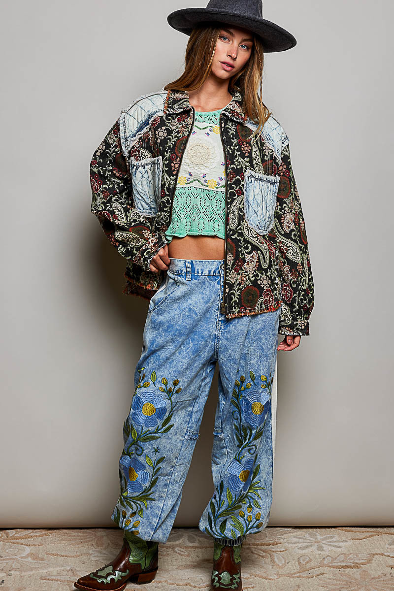 Late Checkout Jacket | Jacquard Denim Patchwork Shacket