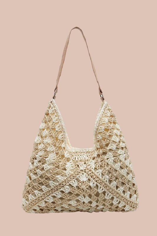 The “Solstice” Woven Crochet Straw Hobo Bag | Beige
