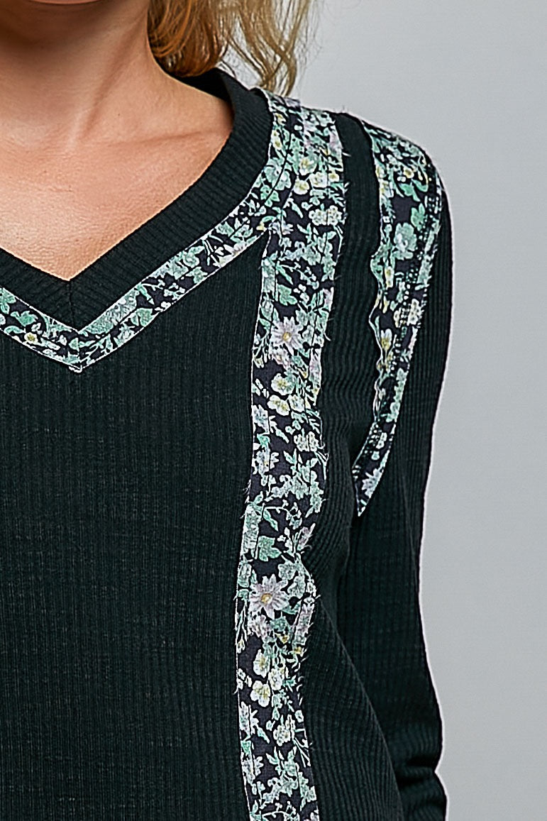 La Brea Floral Contrast Rib Top | Black