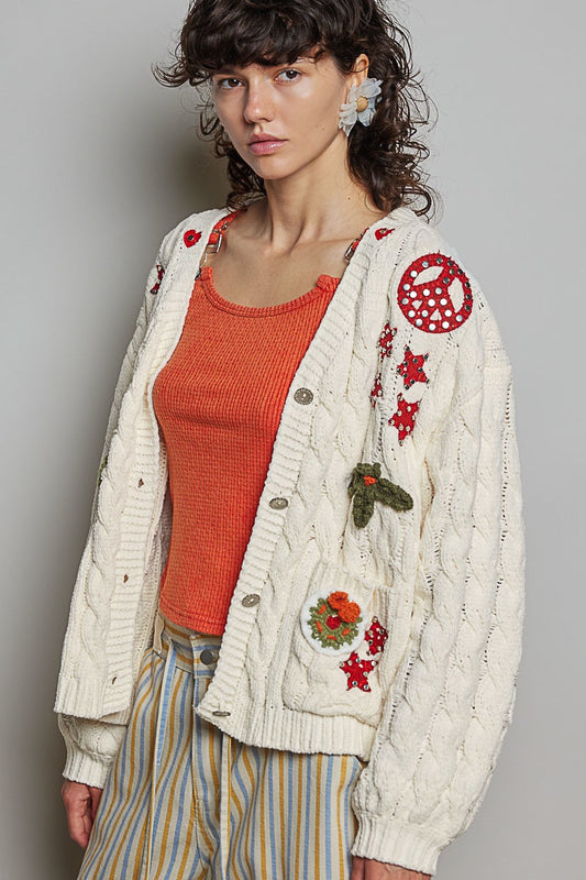 Wonderland Christmas Patch Chenille Cardigan | Cream