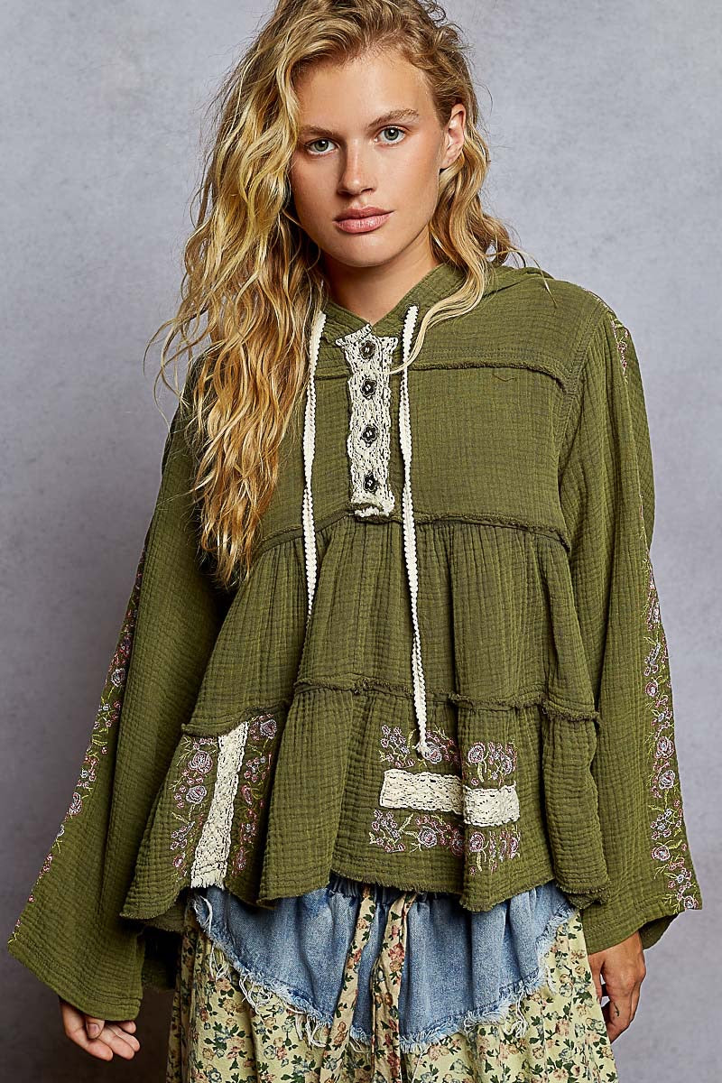 Wildwood Embroidered Cotton Gauze Hoodie | Black + Forrest Green