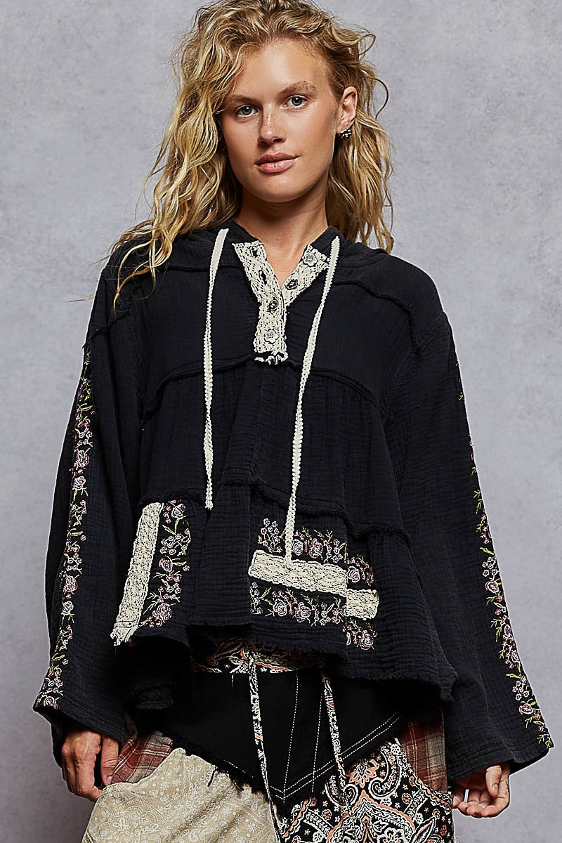 Wildwood Embroidered Cotton Gauze Hoodie | Black + Forrest Green