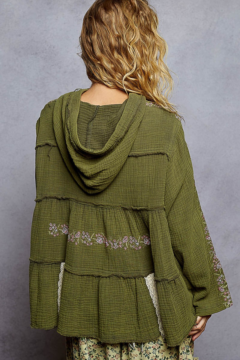 Wildwood Embroidered Cotton Gauze Hoodie | Black + Forrest Green