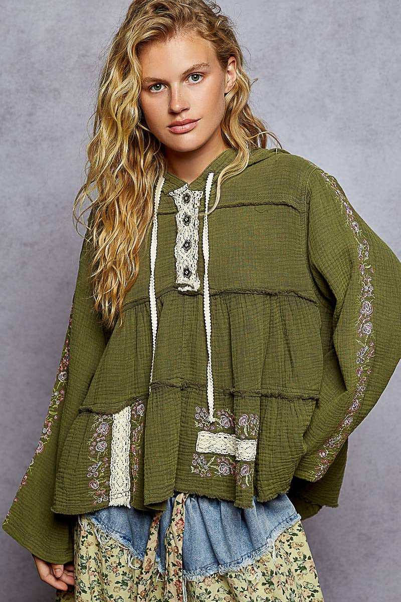 Wildwood Embroidered Cotton Gauze Hoodie | Black + Forrest Green