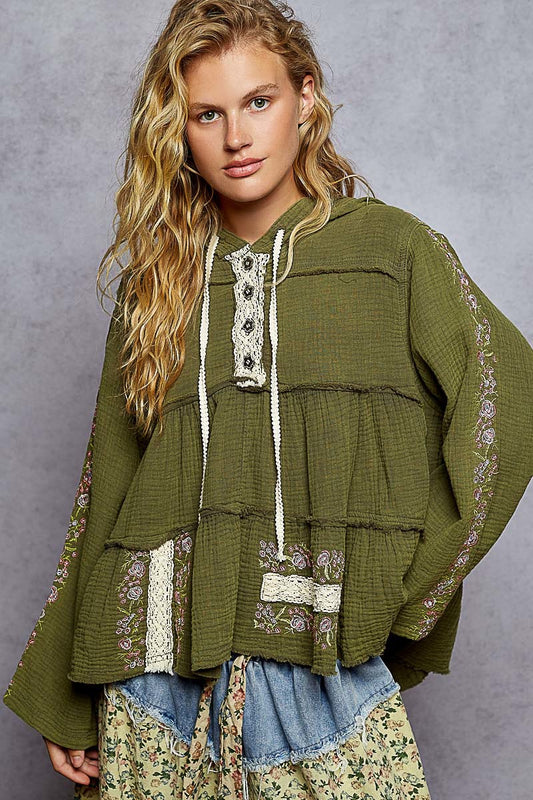 Wildwood Embroidered Cotton Gauze Hoodie | Black + Forrest Green