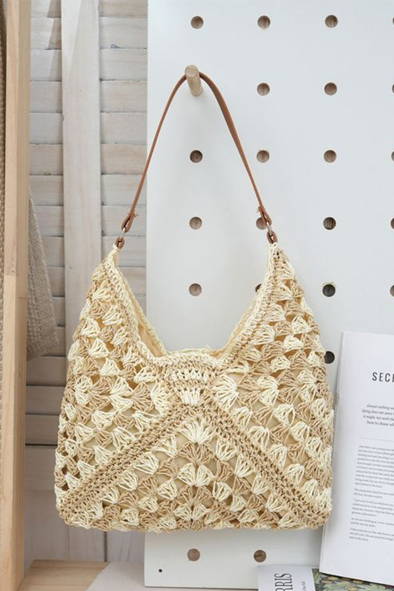 The “Solstice” Woven Crochet Straw Hobo Bag | Beige