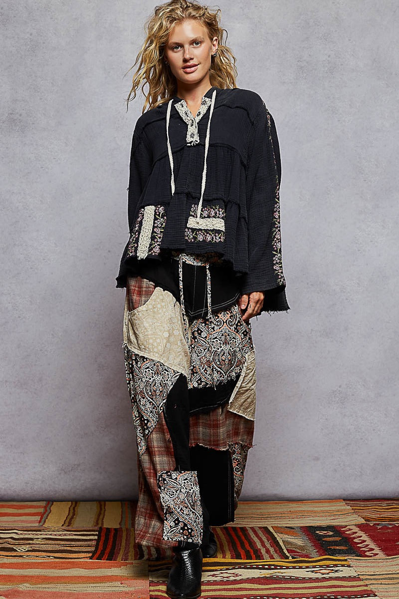Wildwood Embroidered Cotton Gauze Hoodie | Black + Forrest Green