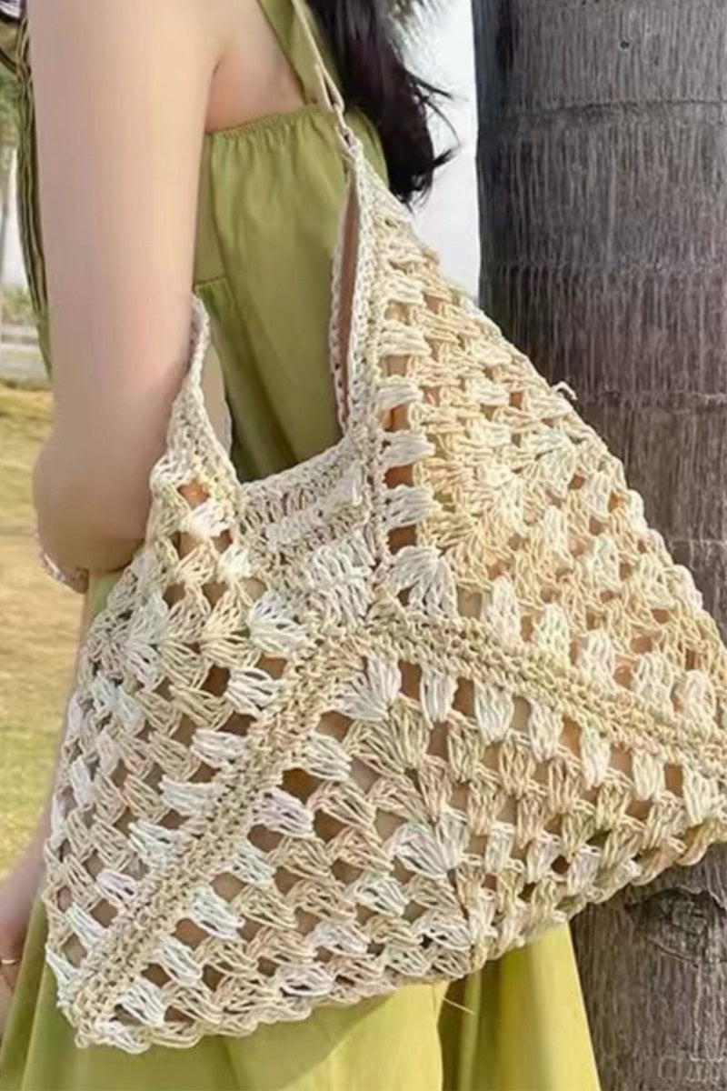 The “Solstice” Woven Crochet Straw Hobo Bag | Beige