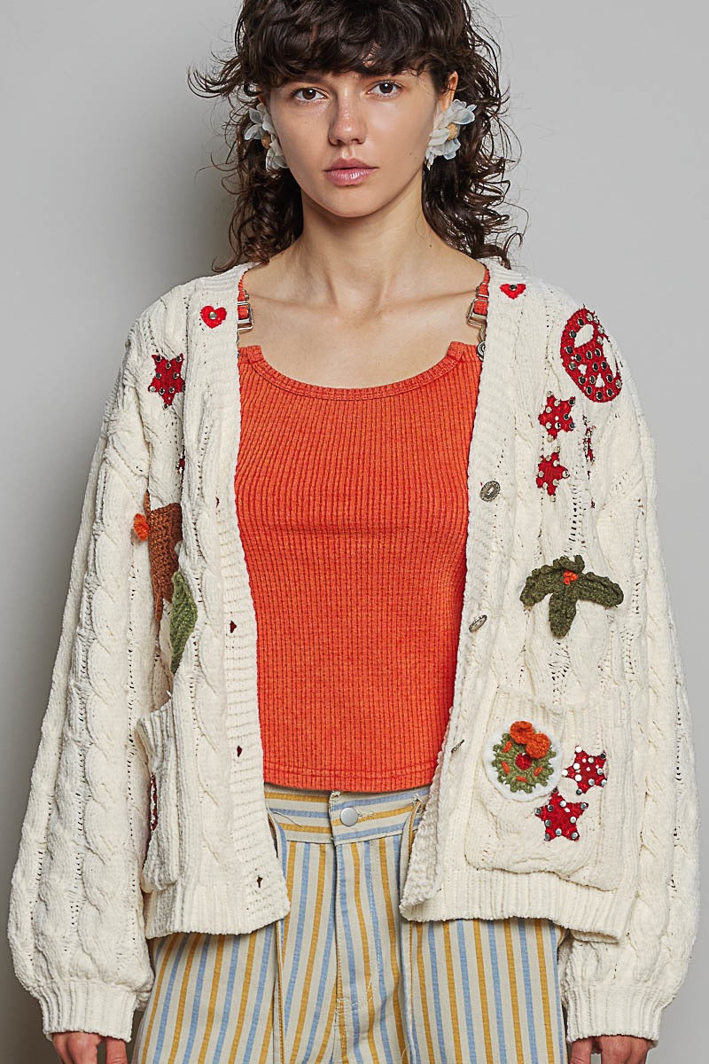 Wonderland Christmas Patch Chenille Cardigan | Cream