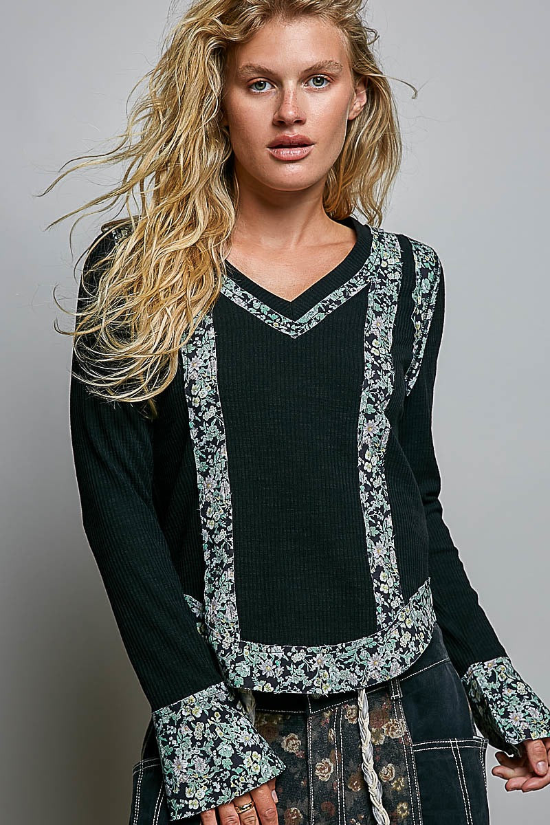 La Brea Floral Contrast Rib Top | Black