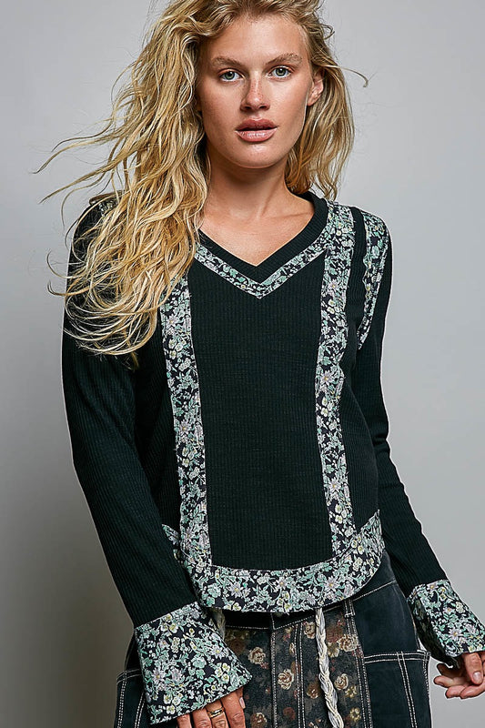 La Brea Floral Contrast Rib Top | Black