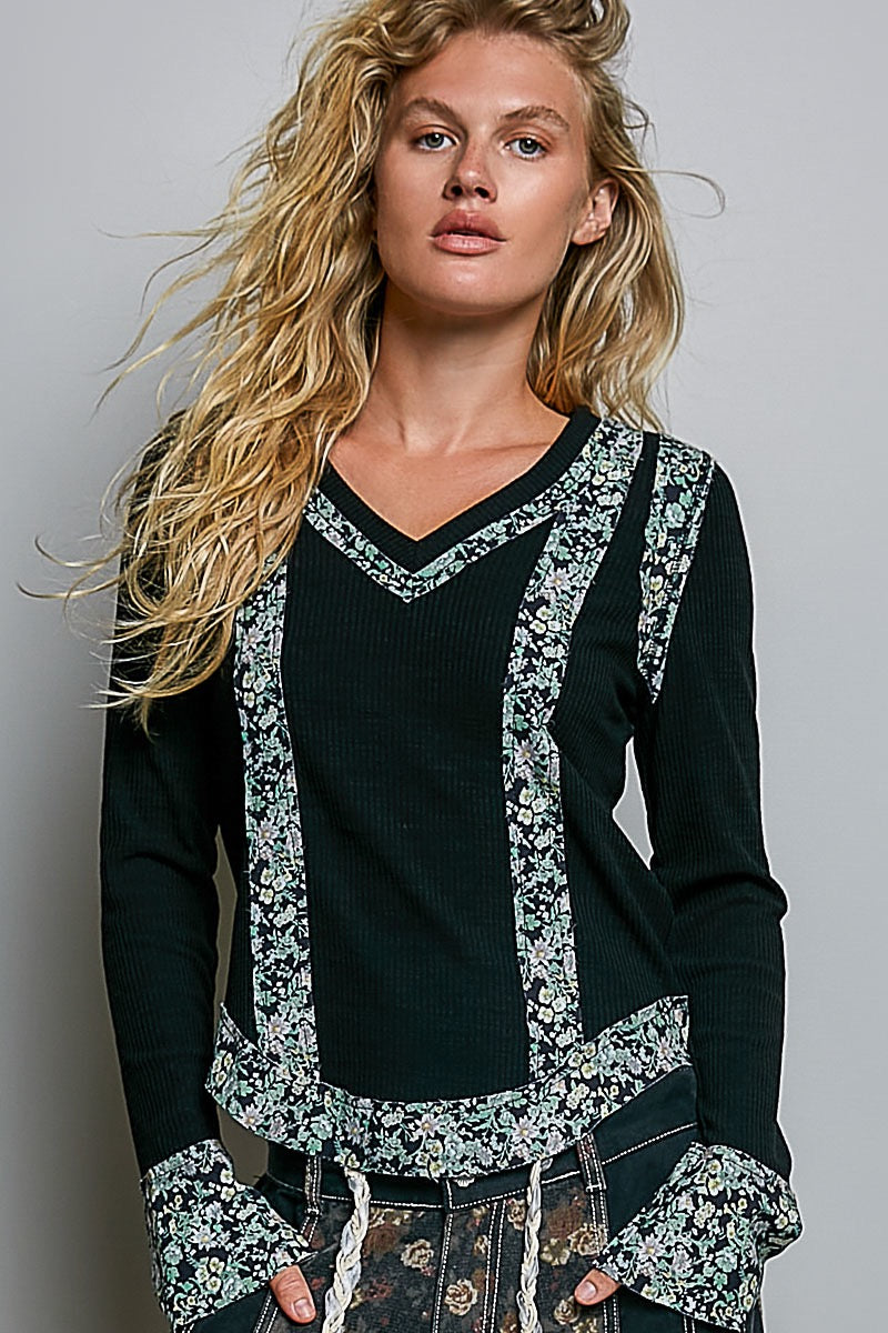 La Brea Floral Contrast Rib Top | Black