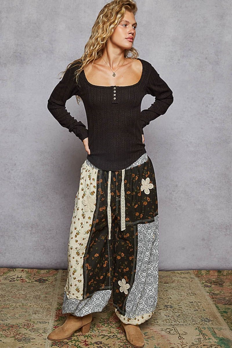 Heritage Henley Long Sleeve Square Neck Top | Black / Cream