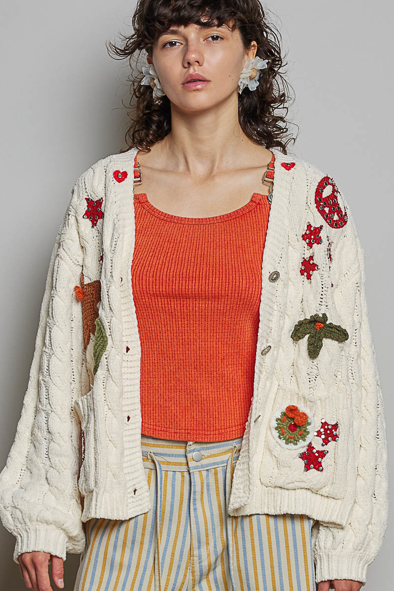 Wonderland Christmas Patch Chenille Cardigan | Cream