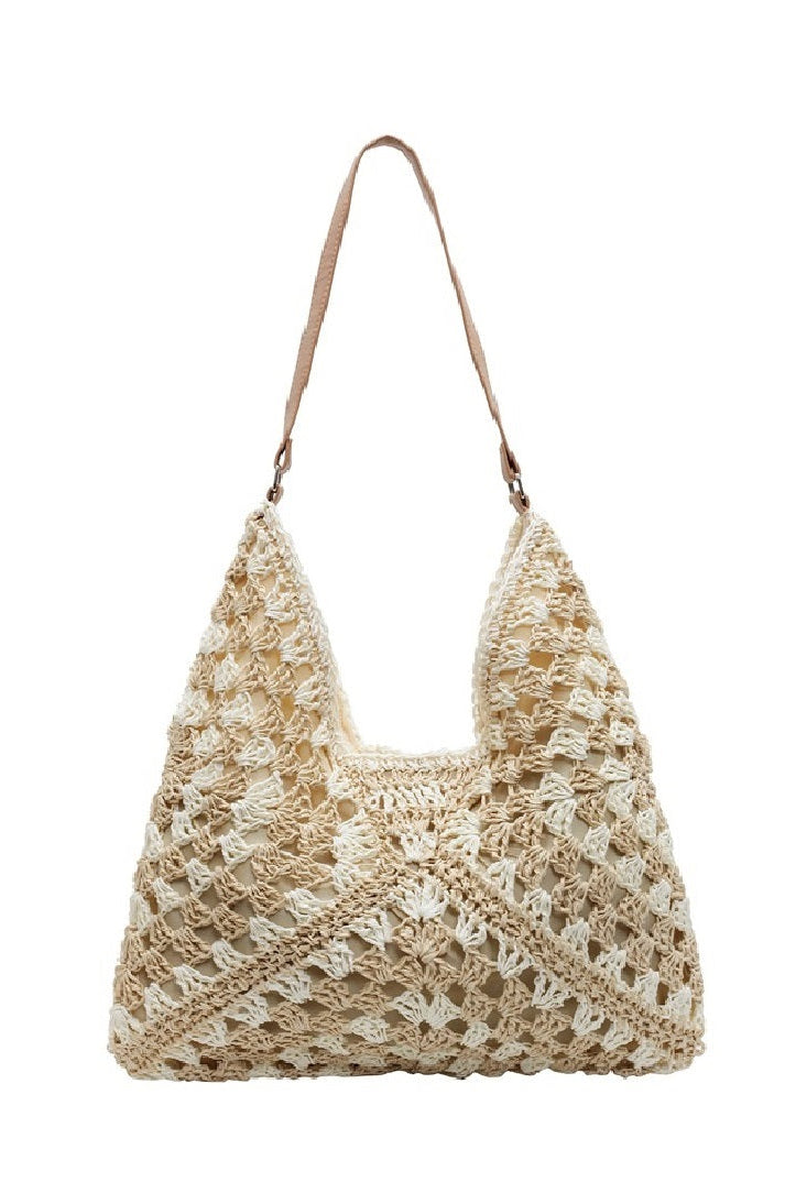 The “Solstice” Woven Crochet Straw Hobo Bag | Beige