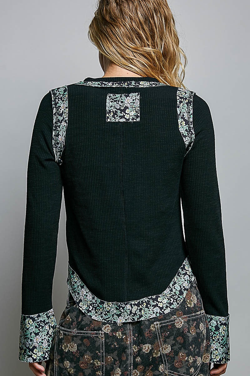 La Brea Floral Contrast Rib Top | Black