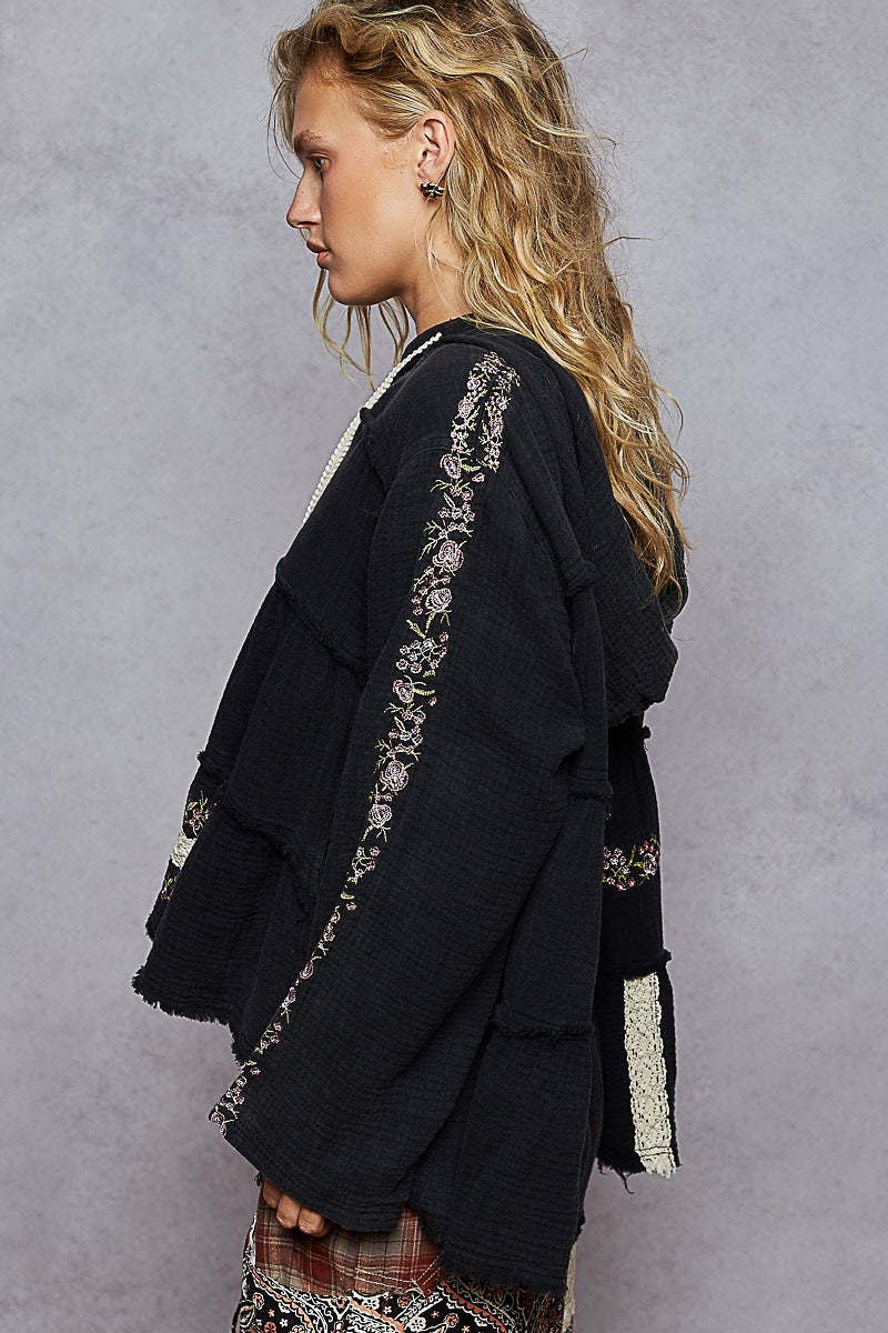 Wildwood Embroidered Cotton Gauze Hoodie | Black + Forrest Green