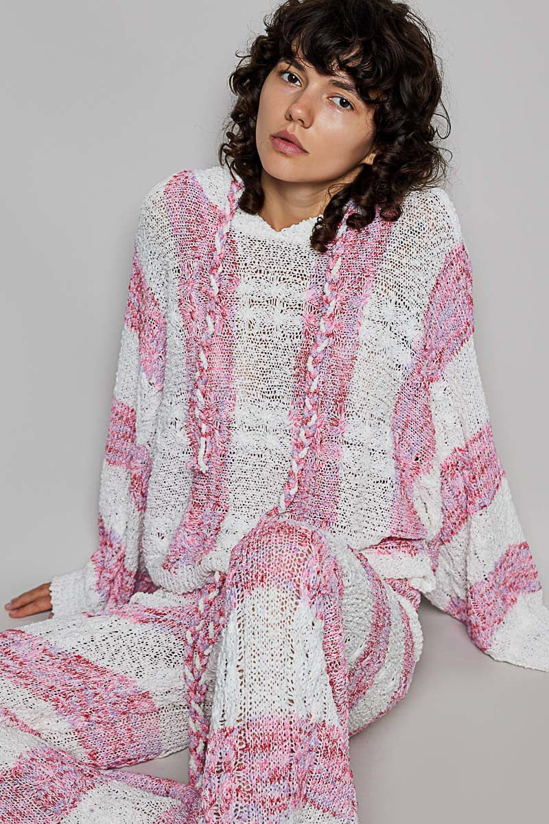 Pink Palisades Striped Knit Hoodie & Wide-Leg Pants Set