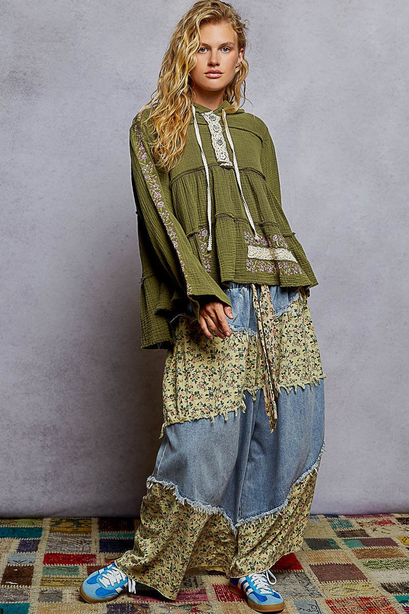 Wildwood Embroidered Cotton Gauze Hoodie | Black + Forrest Green