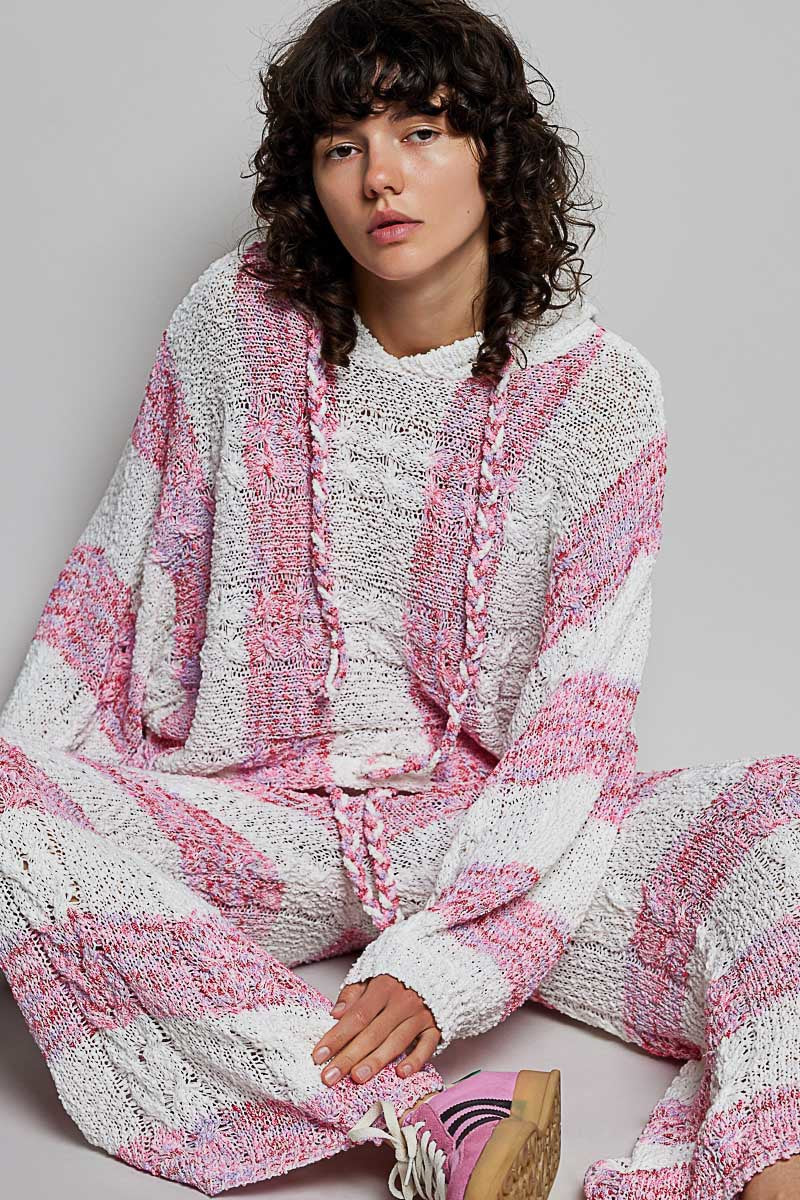 Pink Palisades Striped Knit Hoodie & Wide-Leg Pants Set