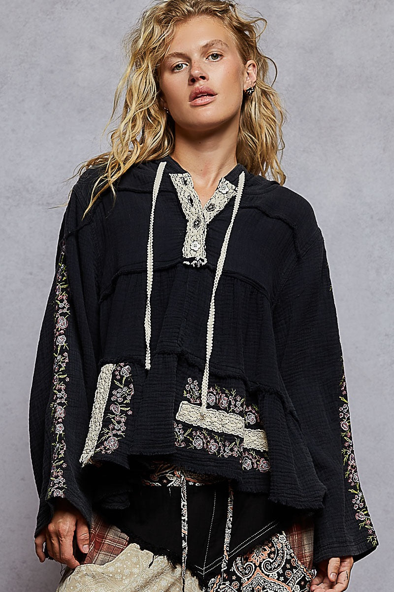 Wildwood Embroidered Cotton Gauze Hoodie | Black + Forrest Green
