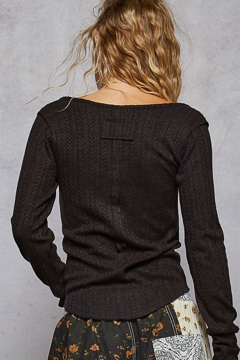 Heritage Henley Long Sleeve Square Neck Top | Black / Cream