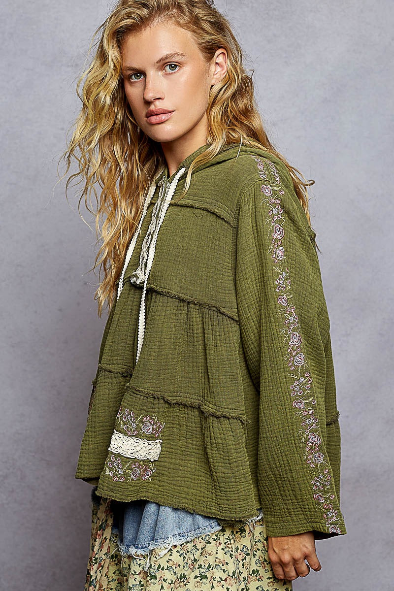 Wildwood Embroidered Cotton Gauze Hoodie | Black + Forrest Green