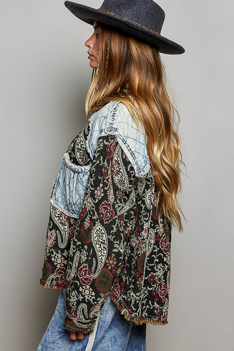 Late Checkout Jacket | Jacquard Denim Patchwork Shacket