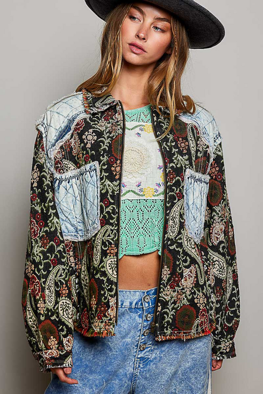 Late Checkout Jacket | Jacquard Denim Patchwork Shacket