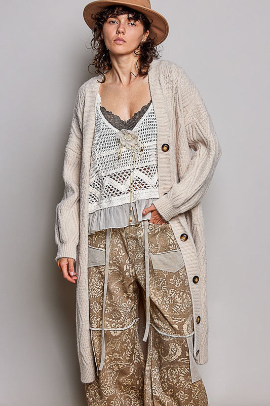 Mulholland Longline Cable Knit Cardigan | Almond