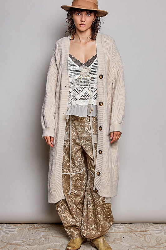 Mulholland Longline Cable Knit Cardigan | Almond