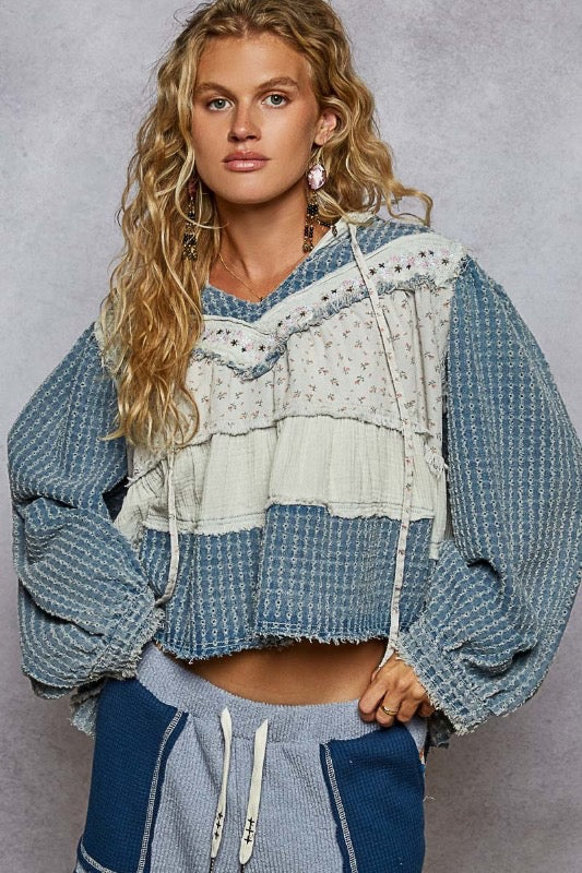 Denim patchwork cropped hoodie