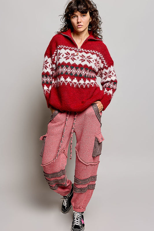 Red Fair Isle quarter zip sweater