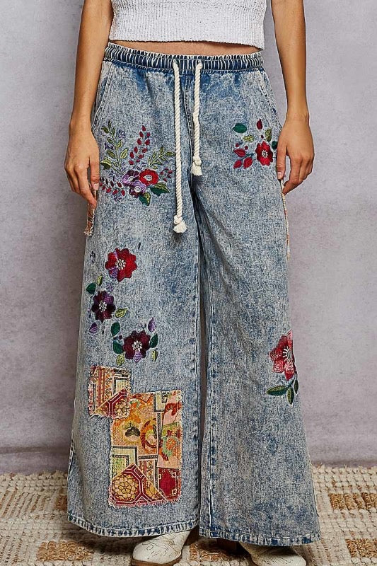 Alcove Brunch floral embroidered patchwork jeans