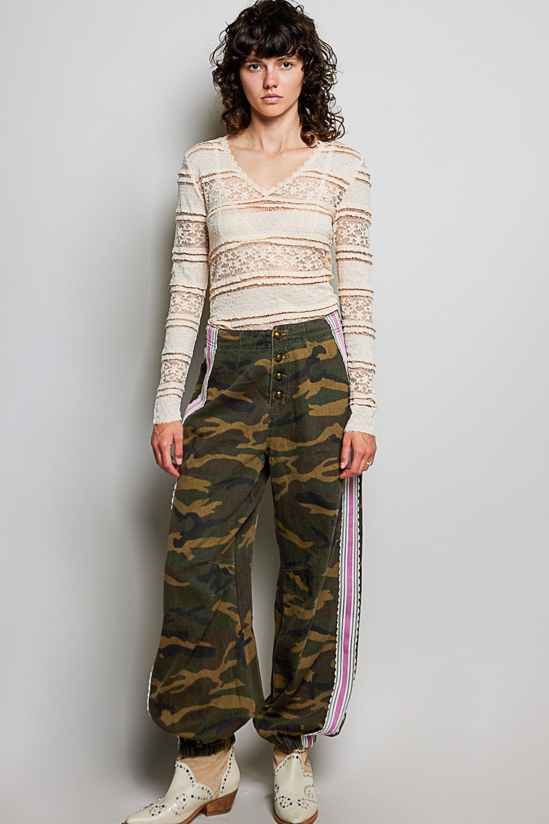 Mission Moxie olive camo pants with side stripes